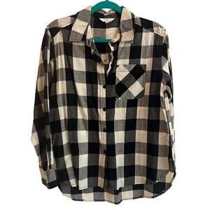 Time and Tru Women's Black/White Buffalo Plaid Flannel Button Down Shirt Size S
